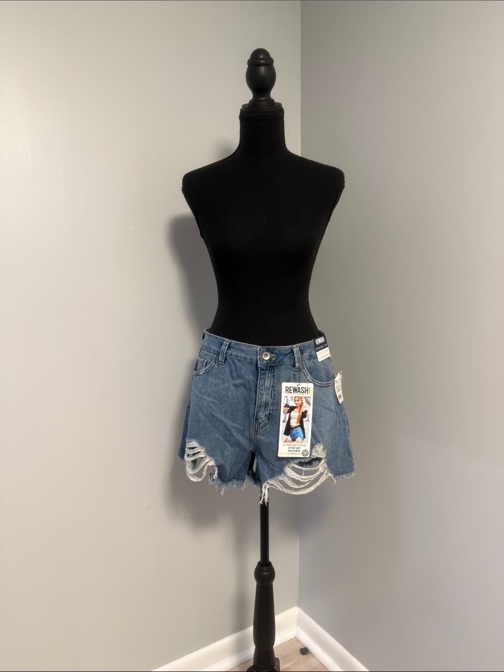 Rewash Distressed High-Rise Denim Shorts - Blue